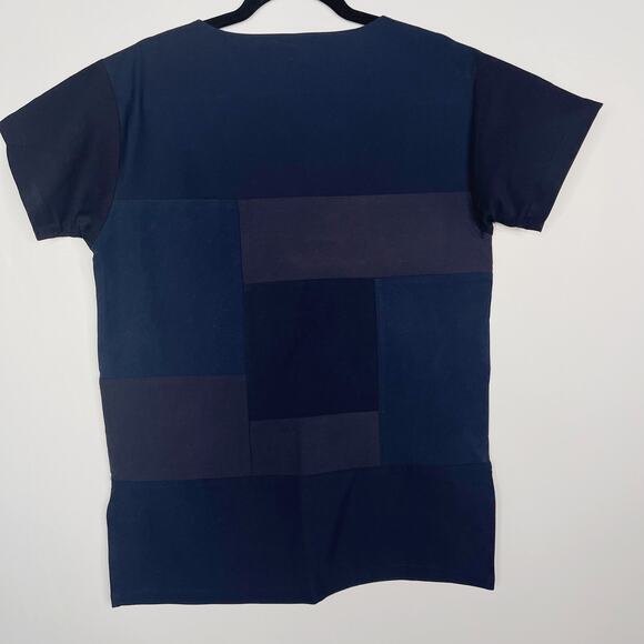 Eileen Fisher Small S Navy Blue Patchwork Short Sleeve Blouse Top Crew Neck Boxy - Picture 2 of 10